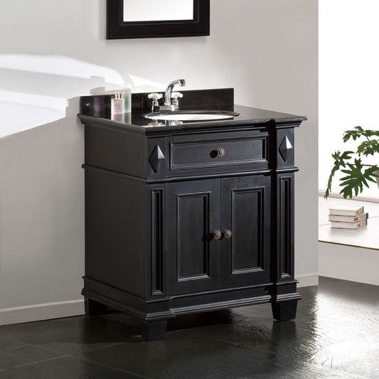 Single Sink Bathroom Vanity with Cabinet & Black Granite Countertop / Backsplash
